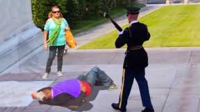 he tried to mess with a guard of the tomb of the unknown soldier.. (BIG MISTAKE)