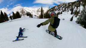 Dad Saves His Little Girl! Ski Lessons and Snowboard Routine for Kids and Baby. 8, 6, 3 yrs old.