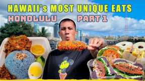 HAWAII's Most Unique Foods You MUST EAT in Oahu | Taro Bagel, Blue Coconut Rice & Corn Dogs: Part 1
