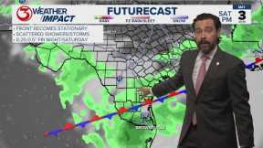 Breezy, warm, and humid with only an isolated shower or two through Friday. Rain chances increase in